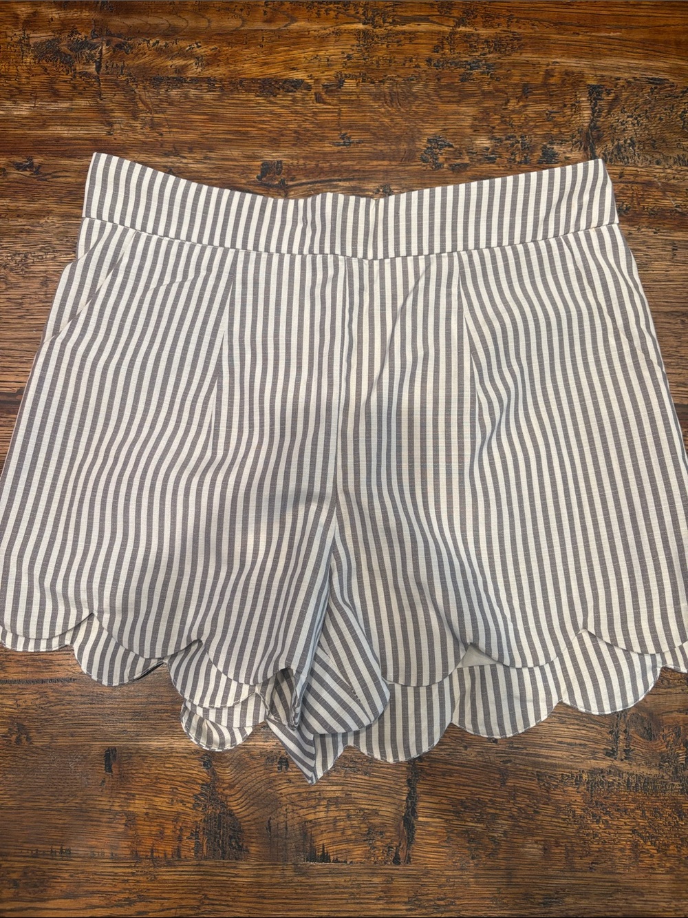 High-Waist Grey & White Striped Scallop Hem Women’s Shorts